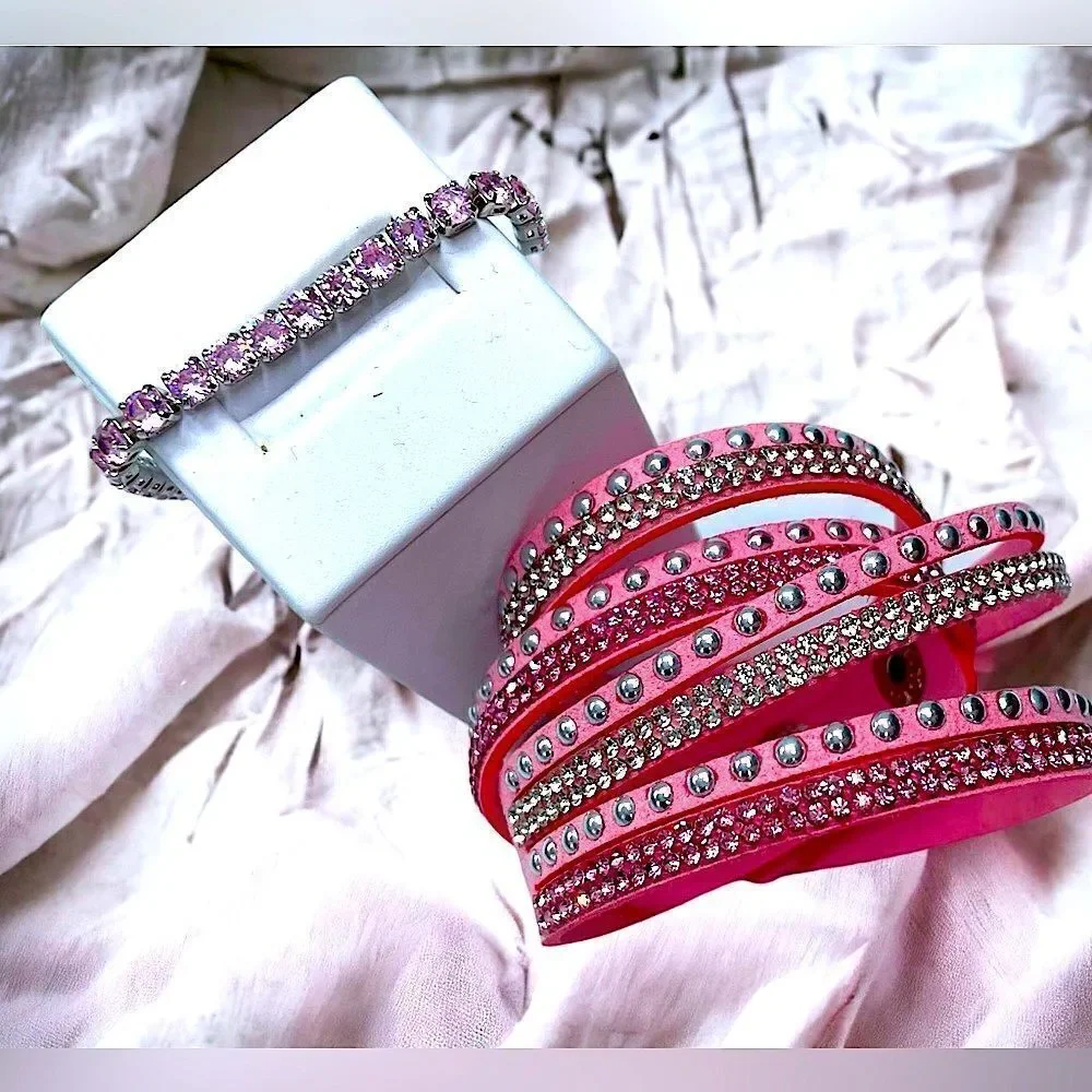 LOT of Pink l Rhinestone Adorned Bracelet l Double-leather pink wrap/wristband..